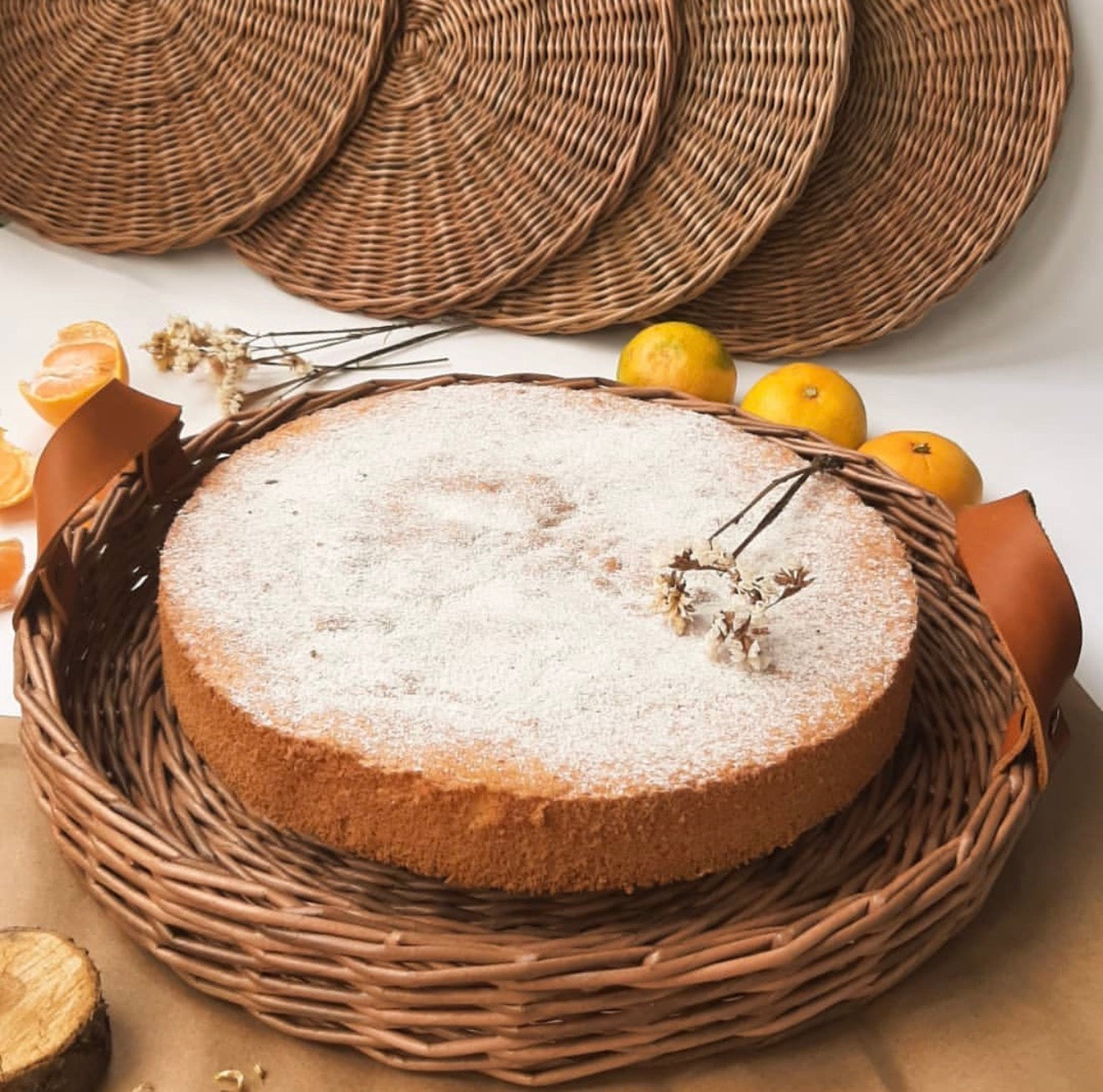 Wicker tray with leather handles